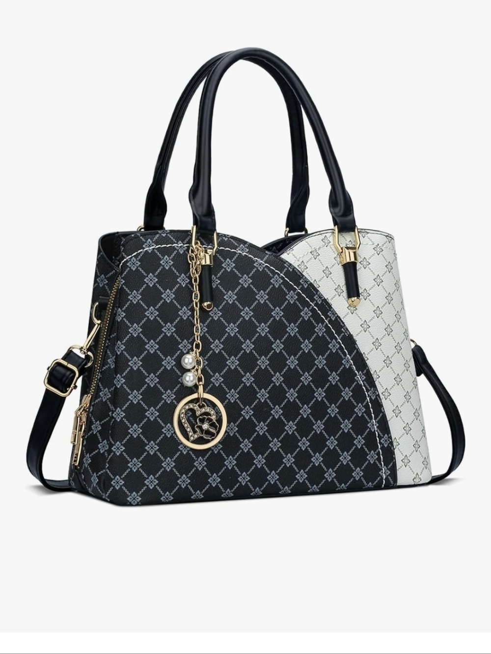 Two-Tone Black and White Patterned Satchel with Gold Charm